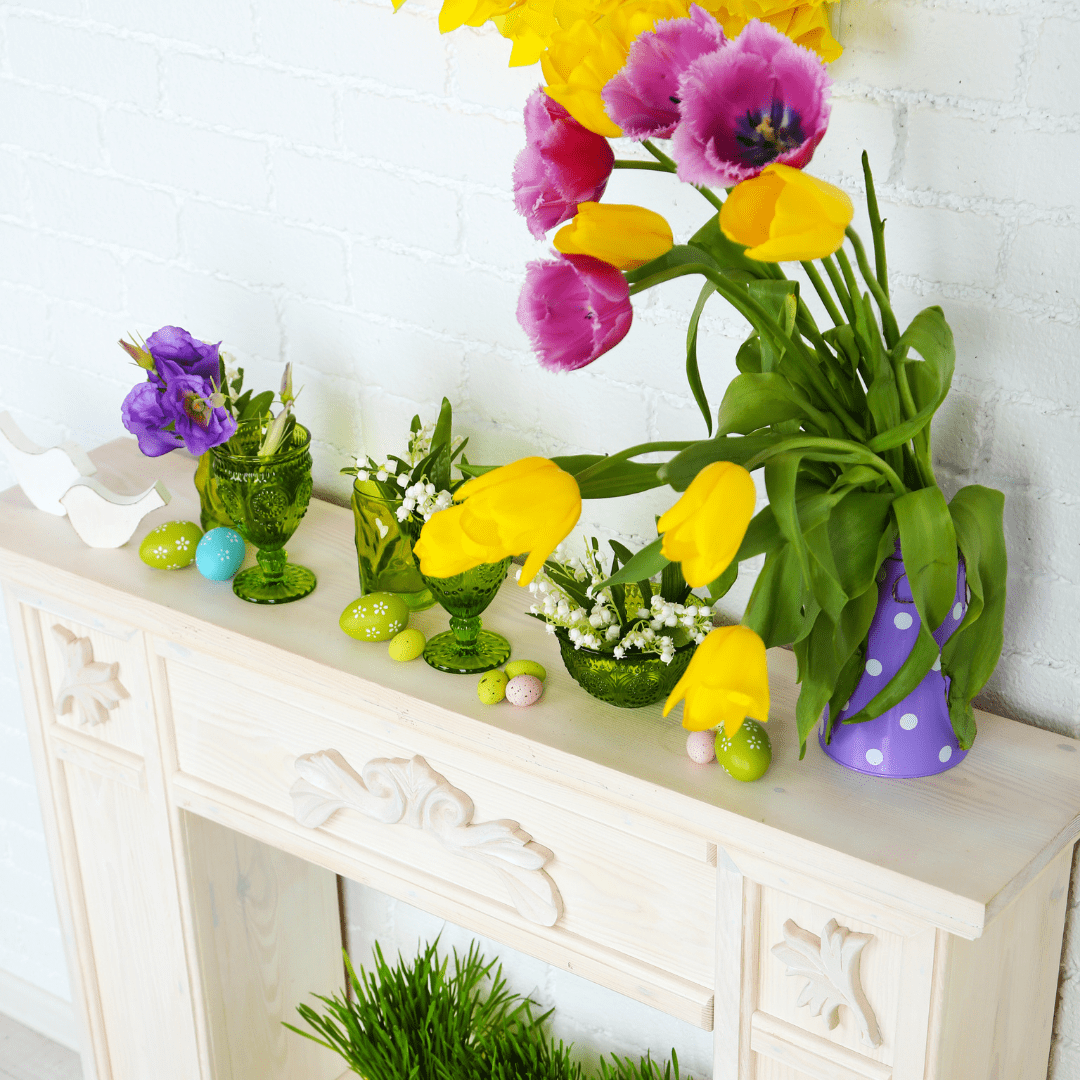 Easter flowers in fireplace surround