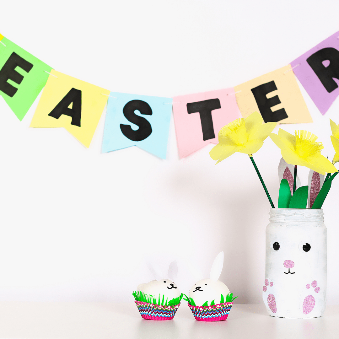 Easter flowers in fireplace surround